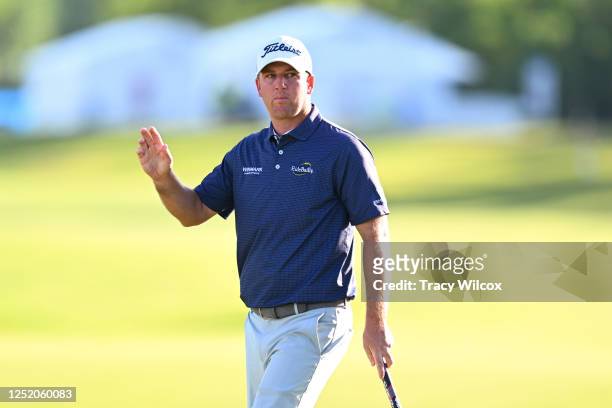 Tom Hoge makes his putt at the 18th green during the second round of the Zurich Classic of New Orleans at TPC Louisiana on April 21, 2023 in...