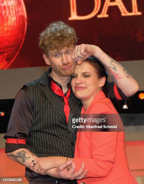 Lucas Fendrich and Conny Kreuter pose during the "Dancing Stars" TV show at ORF Zentrum on April 21, 2023 in Vienna, Austria.