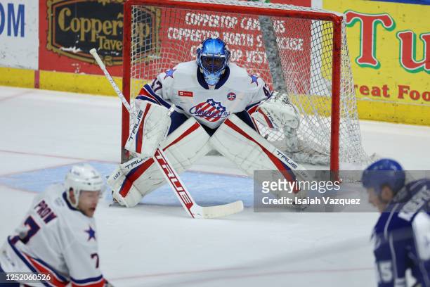 Malcolm Subban of Rochester Americans tends the net during the first period against the Syracuse Crunch at Upstate Medical University Arena on April...