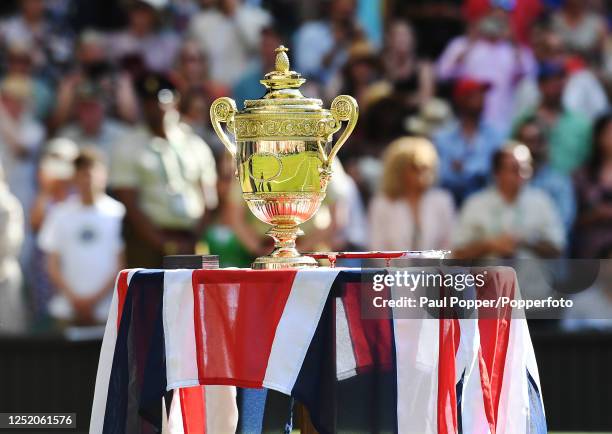 The trophy waiting to be presented after Novak Djokovic of Serbia defeated Nick Kyrgios of Australia in the men's singles final on day fourteen of...