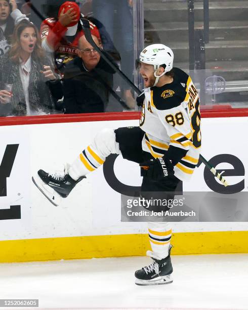 David Pastrnak of the Boston Bruins celebrates his third period goal during the game against the Florida Panthers in Game Three of the First Round of...