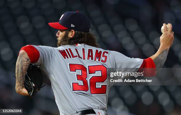Trevor Williams of the Washington Nationals pitches against the Minnesota Twins in the sixth inning of the game at Target Field on April 21, 2023 in...