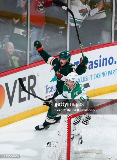 Marcus Johansson of the Minnesota Wild celebrates after scoring a goal in the second period of Game Three of the First Round of the 2023 Stanley Cup...