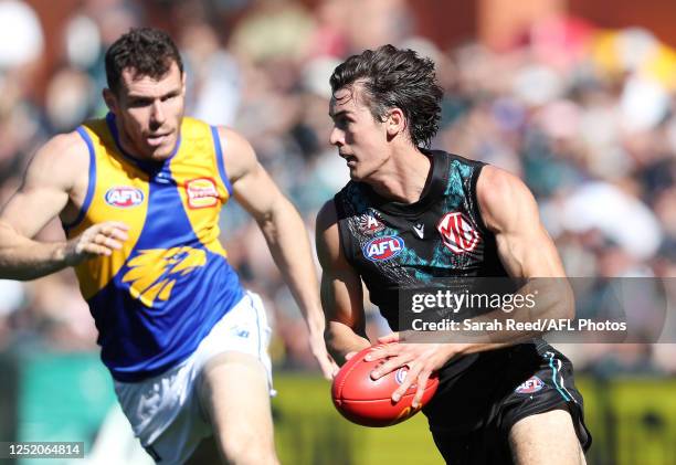 Connor Rozee of the Power and Luke Shuey of the Eagles during the 2023 AFL Round 06 match between the Port Adelaide Power and the West Coast Eagles...