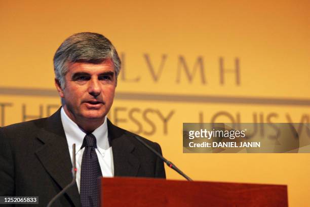 French LVMH luxury group deputy CEO Antonio Belloni speaks, 15 September 2004 in Paris, to present the company's results for the first semester 2004....