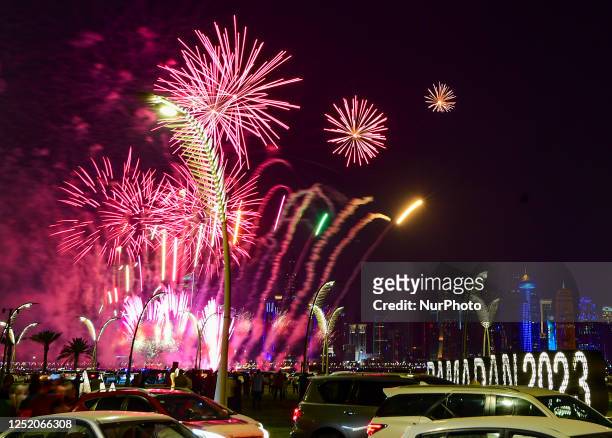 Fireworks light up the sky over Doha Corniche, during celebration of the first day of the Eid al-Fitr festival in Doha, Qatar, on 21 April 2023