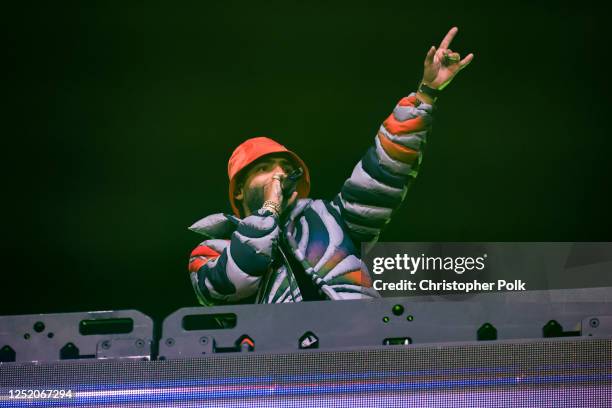 During Bad Bunny's performance onstage at the 2023 Coachella Valley Music & Arts Festival on April 21, 2023 in Indio, California.