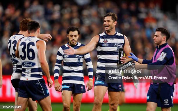 Tom Hawkins of the Cats celebrates a goal during the 2023 AFL Round 06 match between the Geelong Cats and the Sydney Swans at GMHBA Stadium on April...