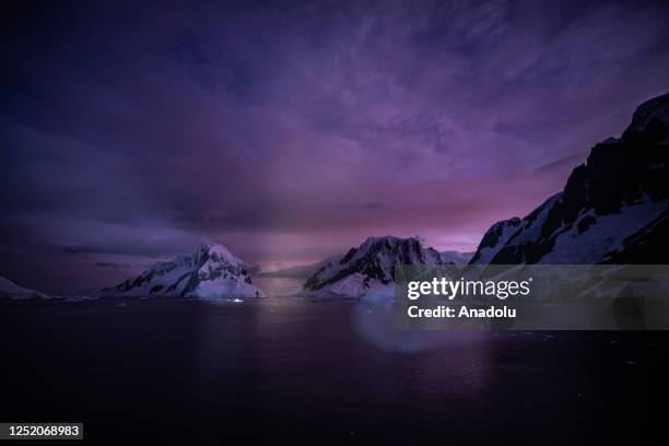 Snow covered hills on sunset during Turkiye's 7th National Antarctic Science Expedition in Antarctica on February 23, 2023. Under the auspices of the...