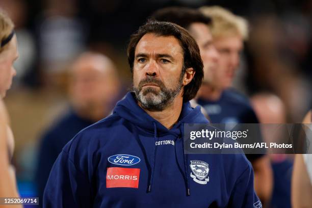 Chris Scott, Senior Coach of the Cats looks on during the 2023 AFL Round 06 match between the Geelong Cats and the Sydney Swans at GMHBA Stadium on...
