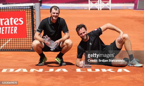 Jamie Murray of Great Britain and Michael Venus of New Zealand celebrate with the trophy during the medals ceremony at the ATP 250 Srpska Open 2023...