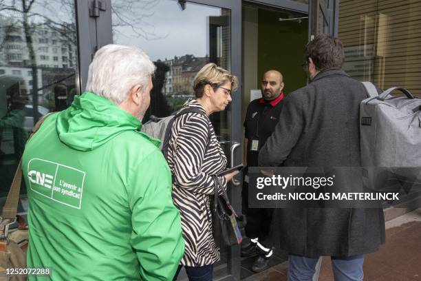 S Kristel Van Damme arrives for a meeting between the management and the trade unions of supermarket chain Delhaize, on Saturday 22 April 2023 in...