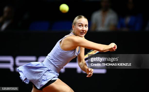 Russia's Anastasia Potapova returns the ball to Belarus' Aryna Sabalenka during their semi-final match at the Women's Tennis Grand Prix WTA...