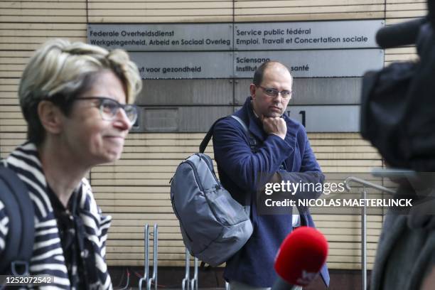 S Kristel Van Damme and BBTK's Jan De Weghe pictured ahead of a meeting between the management and the trade unions of supermarket chain Delhaize, on...