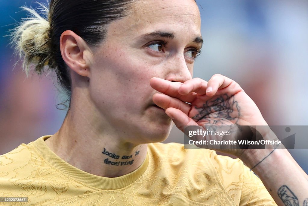 The neck tattoo of Mapi Leon of Barcelona during the UEFA Women's ...