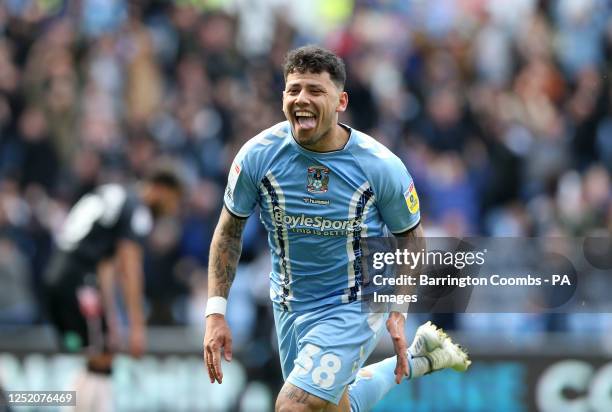 Coventry City's Gustavo Hamer celebrates after scoring his sides second goal of the game during the Sky Bet Championship match at Coventry Building...