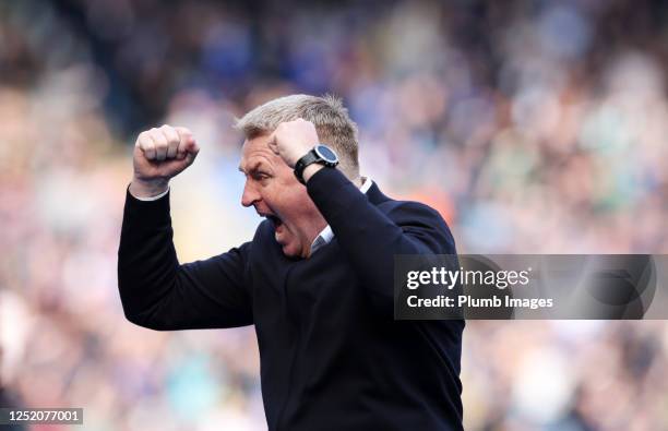 Leicester City Manager Dean Smith celebrates after Timothy Castagne of Leicester City scores to make it 2-1 during the Premier League match between...