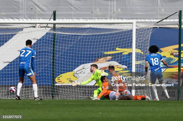 Birmingham City's Tahith Chong shot is saved by Blackpool's Daniel Grimshaw with Jordan Thorniley and Curtis Nelson close by during the Sky Bet...