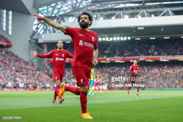 Mohamed Salah of Liverpool celebrates his goal to make it 3-2 during the Premier League match between Liverpool FC and Nottingham Forest at Anfield...