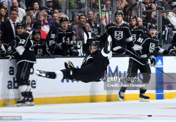 Viktor Arvidsson of the Los Angeles Kings falls to the ice during the first period against the Edmonton Oilers in Game Three of the First Round of...