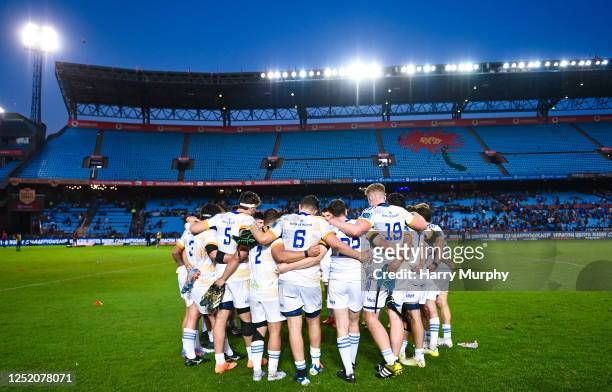 Pretoria , South Africa - 22 April 2023; Leinster players huddle after their side's defeat in the United Rugby Championship match between Vodacom...