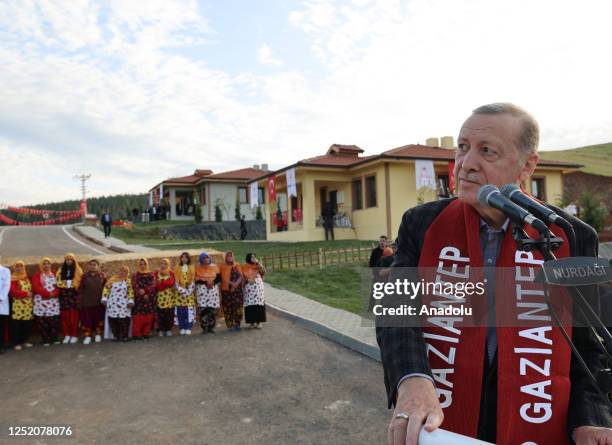 Turkish President Recep Tayyip Erdogan makes a speech as he attends the Village Houses Turn-key Ceremony at Gaziantep Nurdagi Belpinar village, in...