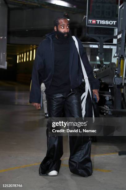 James Harden of the Philadelphia 76ers arrives to the arena before the game against the Brooklyn Nets during Round 1 Game 4 of the 2023 NBA Playoffs...
