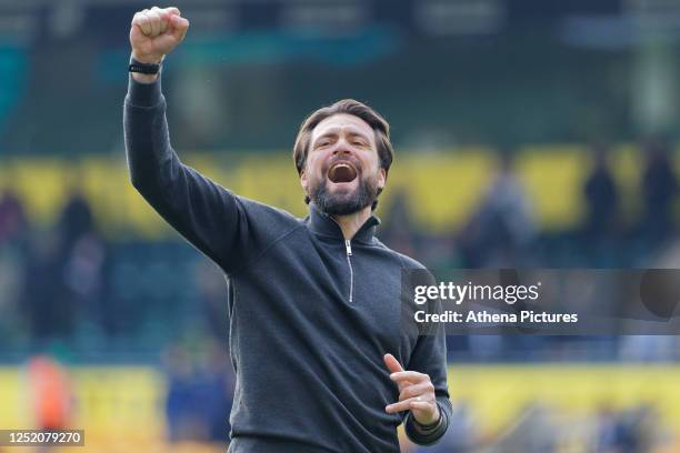 Swansea City manager Russell Martin celebrates his team's win after the Sky Bet Championship match between Norwich City and Swansea City at Carrow...