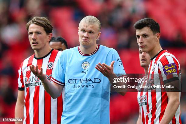 Erling Haaland of Manchester City reacts during the FA Cup Semi Final match between Manchester City and Sheffield United at Wembley Stadium on April...