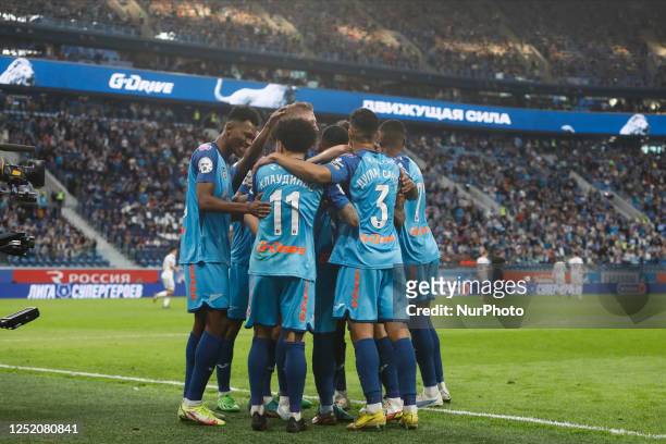 Zenit players celebrate a goal during the Russian Premier League match between FC Zenit Saint Petersburg and FC Dynamo Moscow on April 22, 2023 at...
