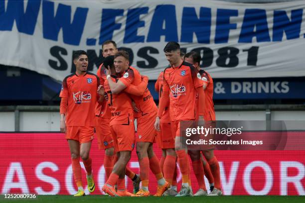 Sydney van Hooijdonk of SC Heerenveen celebrates 1-0 with Simon Olsson of SC Heerenveen, Anas Tahiri of SC Heerenveen, Mats Kohlert of SC Heerenveen,...