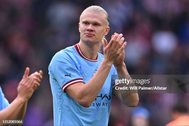 Erling Haaland of Manchester City applauds the crowd after the Emirates FA Cup Semi Final match between Manchester City and Sheffield United at...