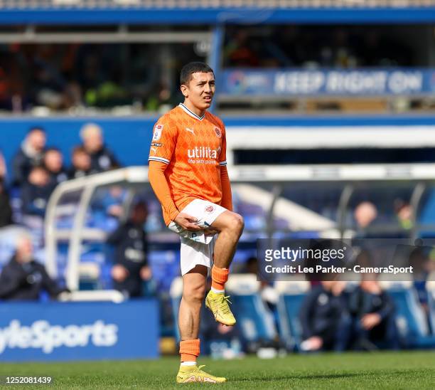 Blackpool's Ian Poveda feels his hamstring just before he is substituted during the Sky Bet Championship between Birmingham City and Blackpool at St...