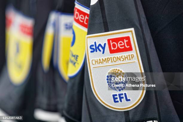 An EFL Skybet Championship logotype on a Swansea City shirt during the Sky Bet Championship match between Norwich City and Swansea City at Carrow...