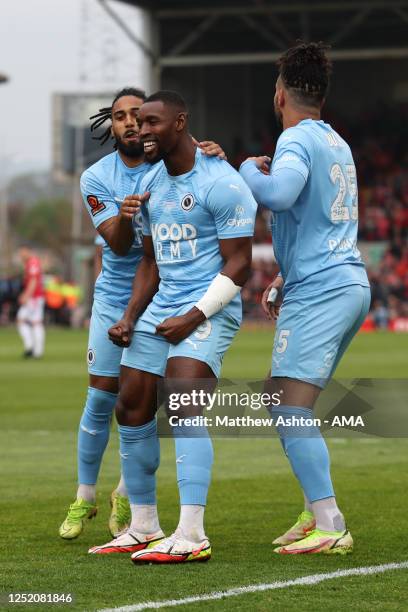Lee Ndlovu of Boreham Wood celebrates after scoring a goal to make it 0-1 during the Vanarama National League match between Wrexham and Boreham Wood...