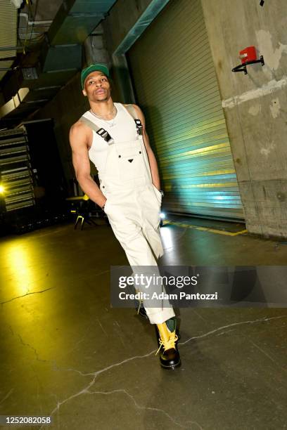 Russell Westbrook of the LA Clippers arrives to the arena before the game against the Phoenix Suns during Round 1 Game 4 of the 2023 NBA Playoffs on...