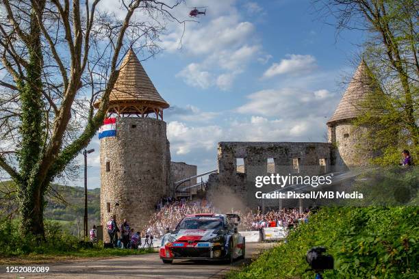 Sebastien Ogier of France and Vincent Landais of France are competing with their Toyota Gazoo Racing WRT Toyota GR Yaris Rally1 Hybrid during Day...