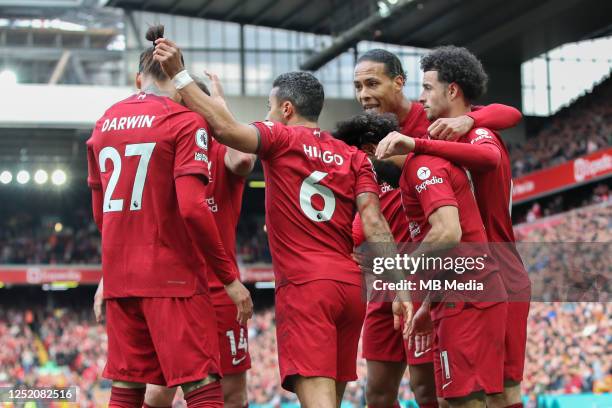 Mohamed Salah of Liverpool celebrates his goal to make it 3-2 during the Premier League match between Liverpool FC and Nottingham Forest at Anfield...