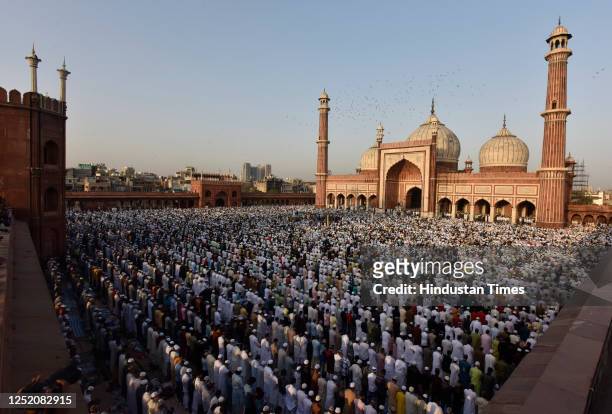 Muslims offer prayers at the Jama Masjid on the occasion of Eid-ul-Fitr, at Jama Masjid in Old Delhi, on April 22, 2023 in New Delhi, India. Muslims...