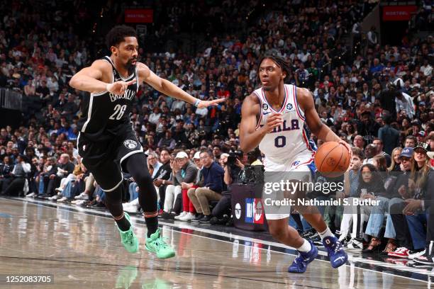 Tyrese Maxey of the Philadelphia 76ers dribbles the ball during the game against the Brooklyn Nets during Round 1 Game 4 of the 2023 NBA Playoffs on...