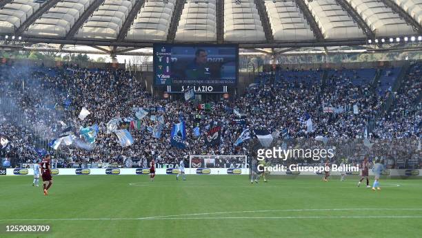 General view of Curva Nord of fans SS Lazio during the Serie A match between SS Lazio and Torino FC at Stadio Olimpico on April 22, 2023 in Rome,...
