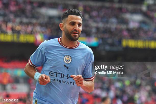 Riyad Mahrez of Manchester City celebrates after scoring during FA Cup Semi Final match between Manchester City and Sheffield United at Wembley...