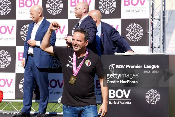 Hamrun Spartans FC President Joseph Portelli gestures after being presented with a winners medal after the BOV Premier League soccer match against...