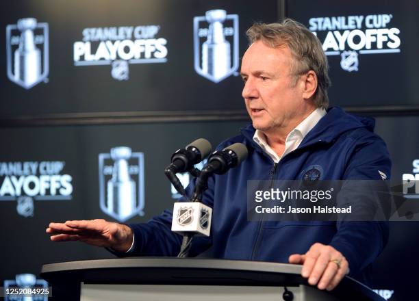 Winnipeg Jets head coach Rick Bowness speaks to media before action against the Vegas Golden Knights in the first period of Game Three of the First...