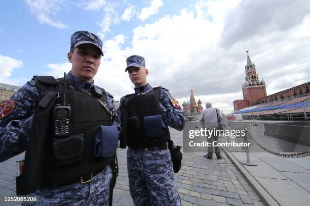 Russian National Guard Service soldiers guard the rally, hosted by Communist Party, at Red Square, April 2023, in Moscow, Russia. Communists...