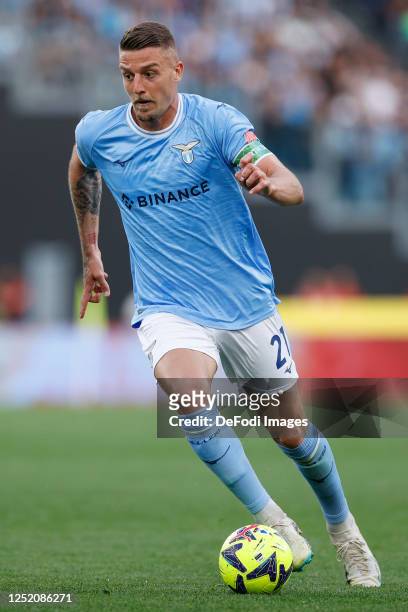 Sergej Milinkovic-Savic of SS Lazio gestures during the Serie A match between SS Lazio and Torino FC at Stadio Olimpico on April 22, 2023 in Rome,...