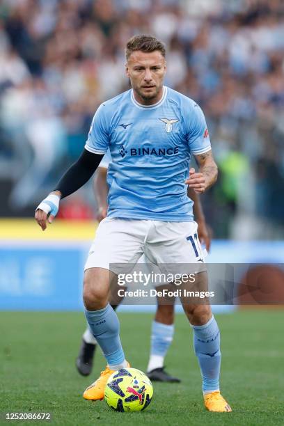 Ciro Immobile of SS Lazio gestures during the Serie A match between SS Lazio and Torino FC at Stadio Olimpico on April 22, 2023 in Rome, Italy.