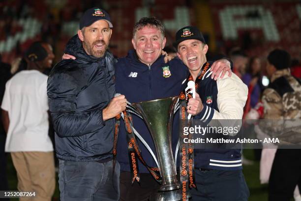 Phil Parkinson the head coach / manager of Wrexham, Ryan Reynolds co-owner of Wrexham and Rob McElhenney co-owner of Wrexham with the Vanarama...