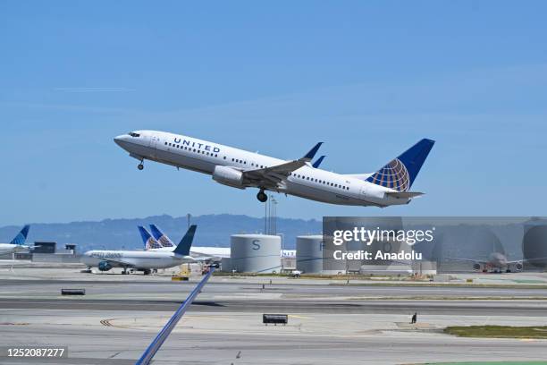 United Airlines plane takes off from San Francisco International Airport in San Francisco, California, United States on April 22, 2023.