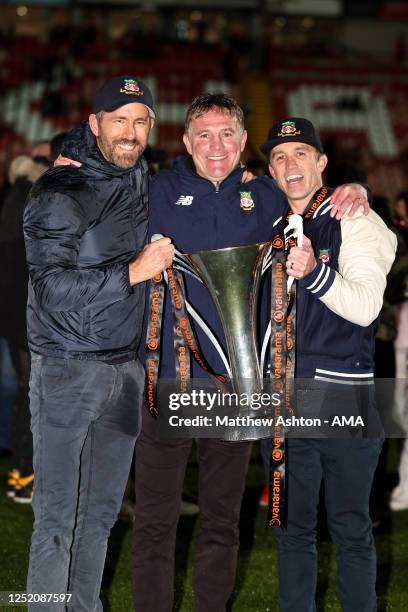 Phil Parkinson the head coach / manager of Wrexham, Ryan Reynolds co-owner of Wrexham and Rob McElhenney co-owner of Wrexham with the Vanarama...